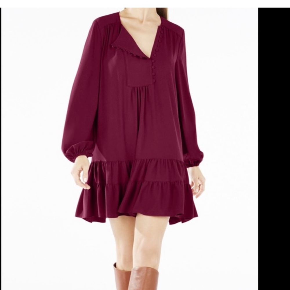 BCBG Chic Burgundy Dress with Ruffle Details